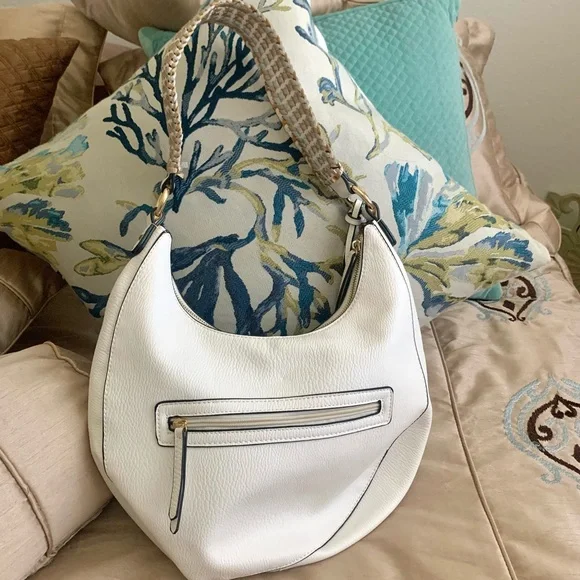 Sondra Roberts White Faux Pebble Leather Hobo Bag w Metallic Gold Braided Strap - Picture 8 of 14